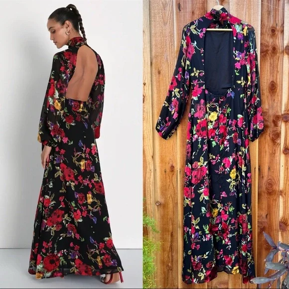 Lulus | Dresses | Black Colorful Floral Burnout Longsleeve Backless Maxi  Dress | Poshmark